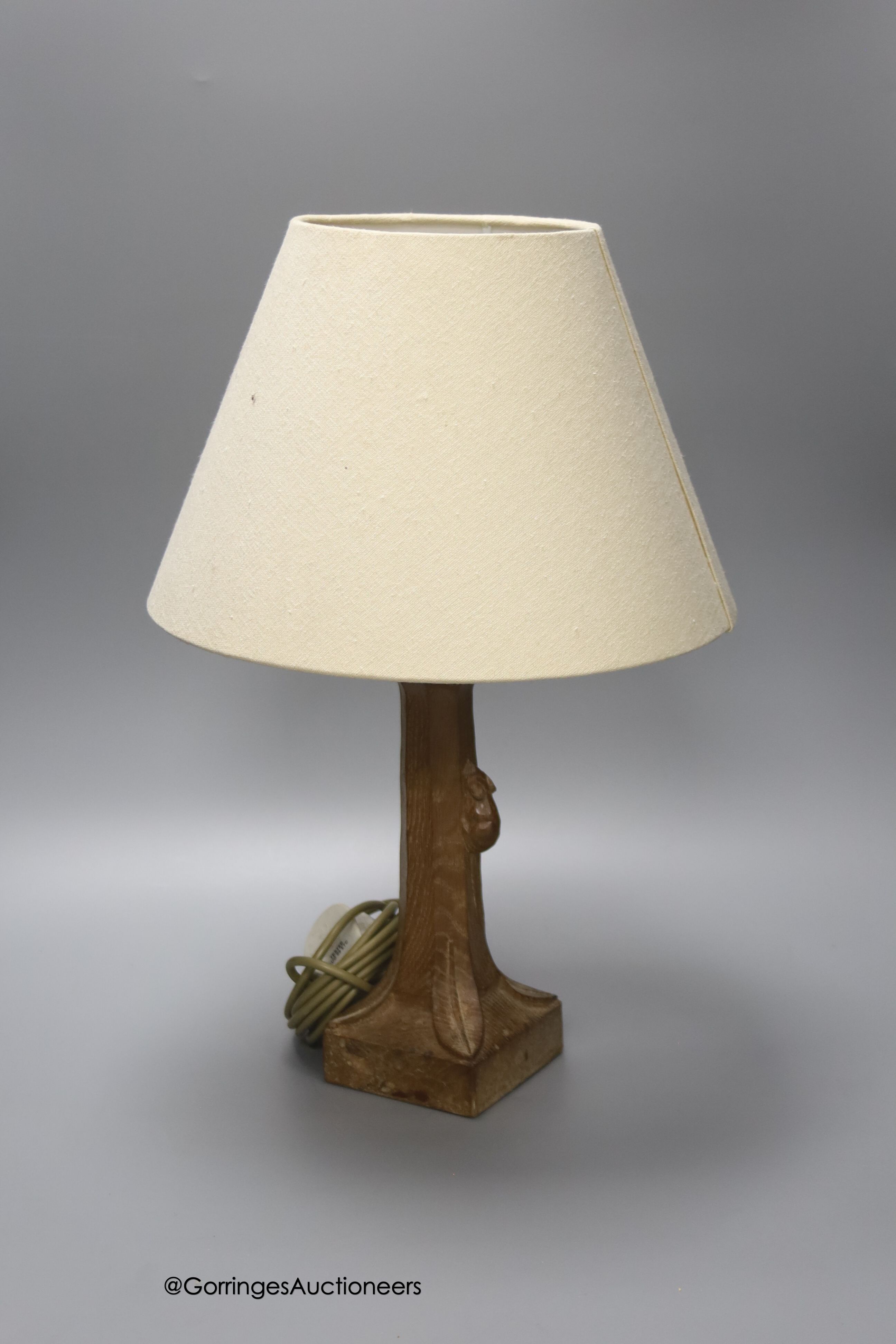 A Mouseman carved oak table lamp, 26cm excluding light fitting
